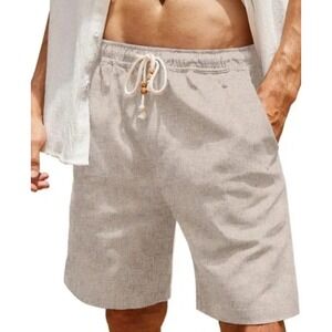 COOFANDY Mens 34 Linen Blend Drawstring Shorts Beige Oatmeal Casual Summer Beach